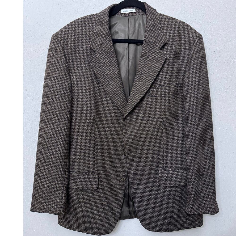 YSL VTG Yves Saint Laurent Mens 44R Worsted Wool Houndstooth Blazer Suit Coat 80